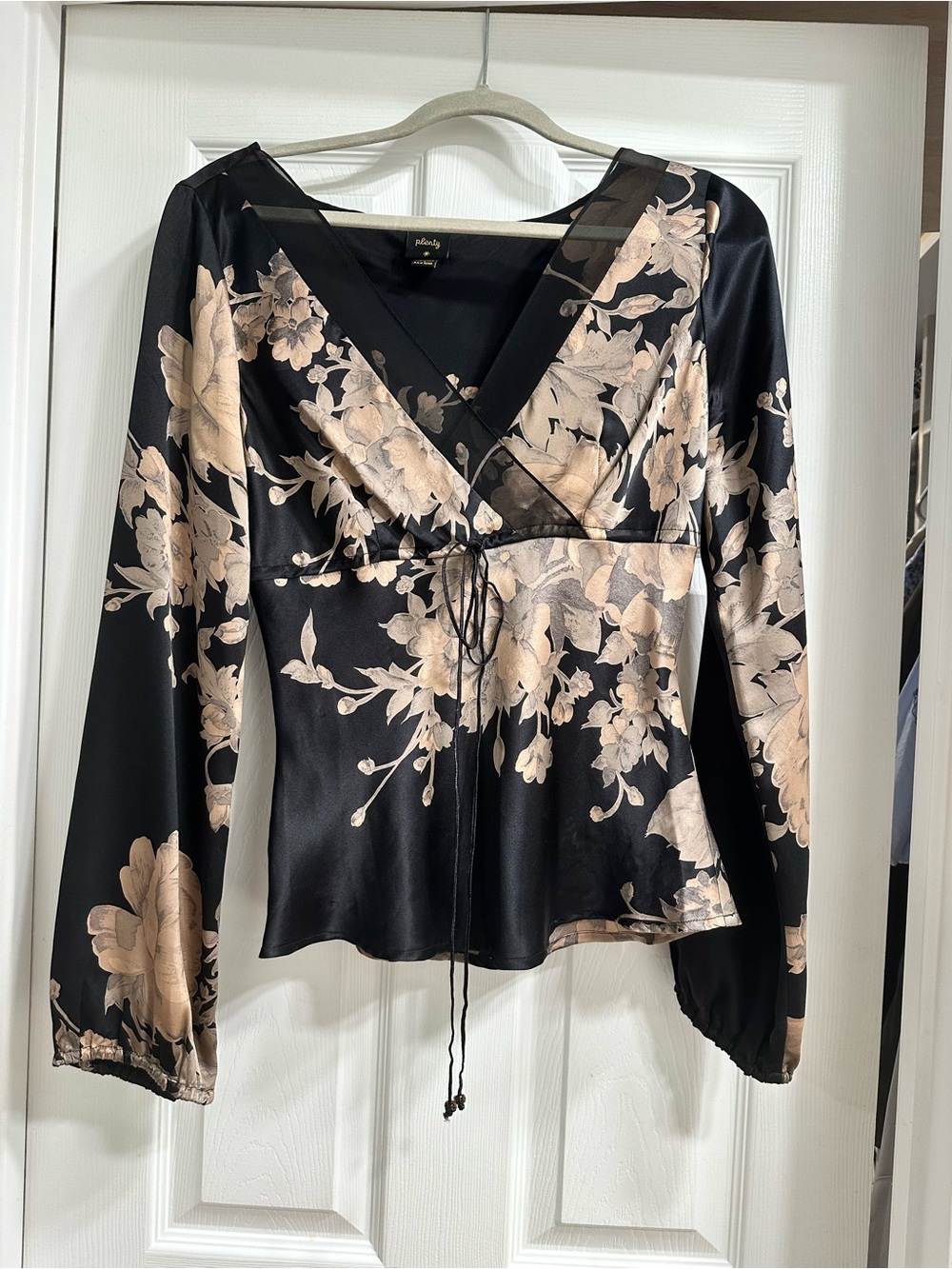 Black Satin Floral Tie-Front Blouse with Beige Blossoms